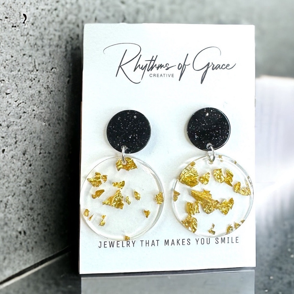 Chic Gold & Black Acrylic Earrings with Gold Leaf Flecks | NWT Elegance!